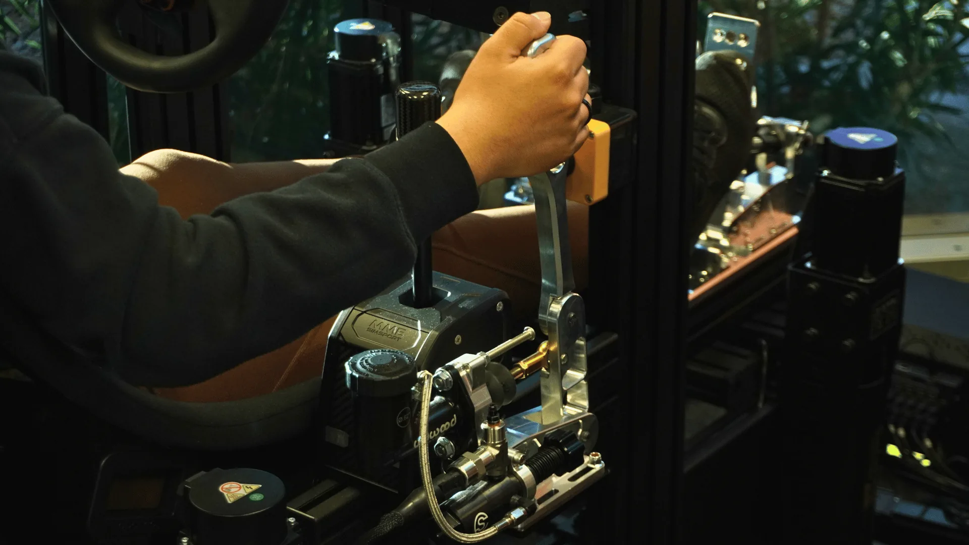 Close-up of a Sim Coaches hydraulic handbrake unit